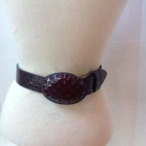Vintage Brown Leather Belt Marbled Oval Buckle